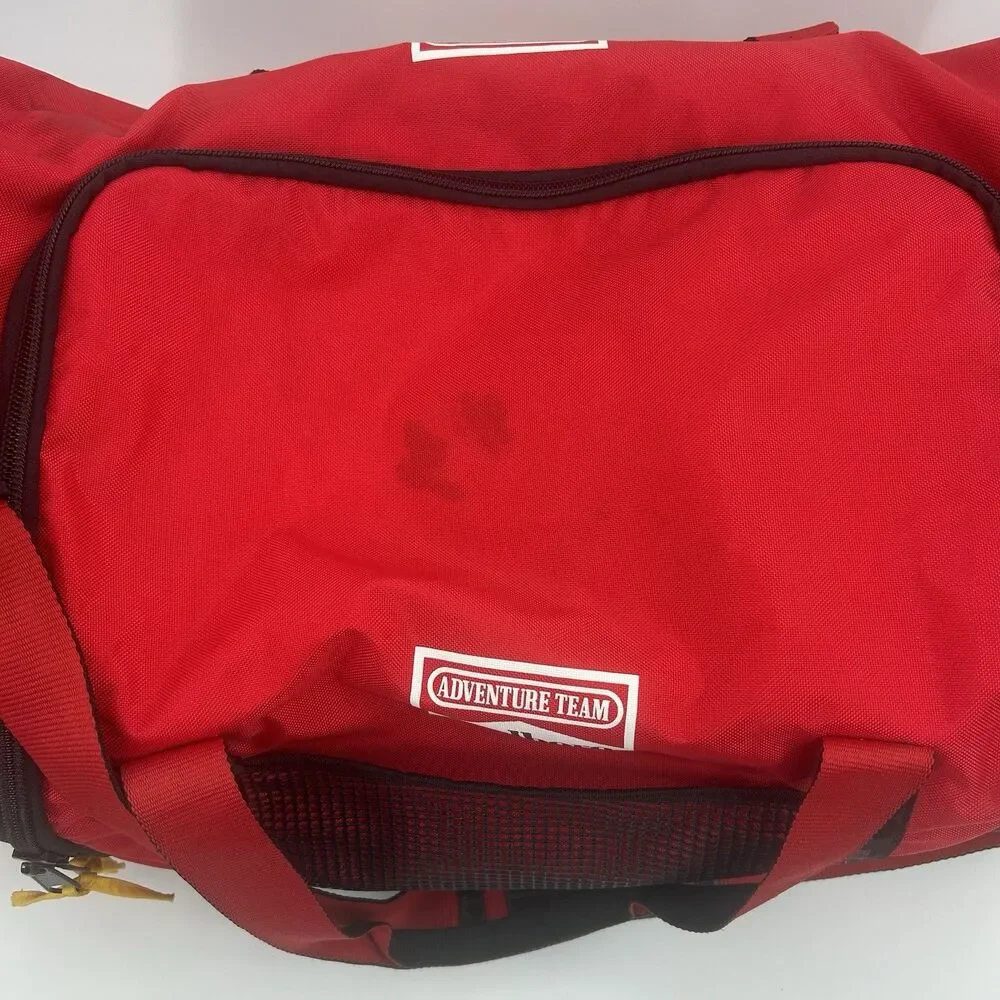 Marlboro Adventure Team Red Black Yellow Duffle Bag Pockets Adjustable Strap VTG